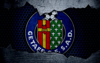 Getafe CF, 4k, La Liga, football, emblem, logo, Getafe, Spain, football club, metal texture, grunge