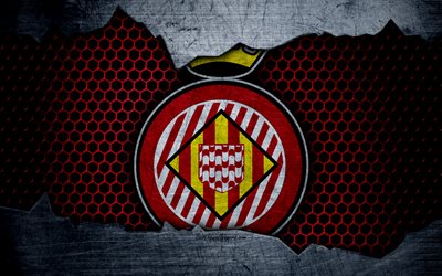 Girona FC, 4k, La Liga, fotboll, emblem, Girona logotyp, Girona, Spanien, football club, metall textur, grunge