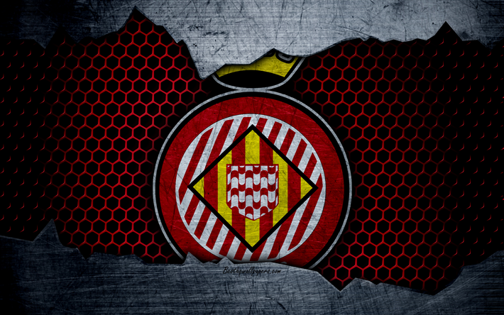 Girona FC, 4k, La Liga, futebol, emblema, Girona logotipo, Girona, Espanha, clube de futebol, textura de metal, grunge