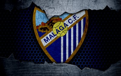 Malaga-FC, 4k, La Liga, fotboll, emblem, Malaga logotyp, Malaga, Spanien, football club, metall textur, grunge