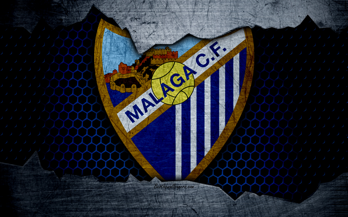 Malaga FC, 4k, UEFA, futbol, amblem, logo, Malaga, İspanya, Futbol Kul&#252;b&#252;, metal doku, grunge