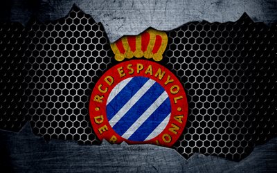 Spanska FC, 4k, La Liga, fotboll, emblem, RCD Espanyol-logotyp, Barcelona, Spanien, football club, metall textur, grunge