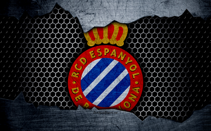 Espanhol FC, 4k, La Liga, futebol, emblema, O RCD Espanyol logotipo, Barcelona, Espanha, clube de futebol, textura de metal, grunge