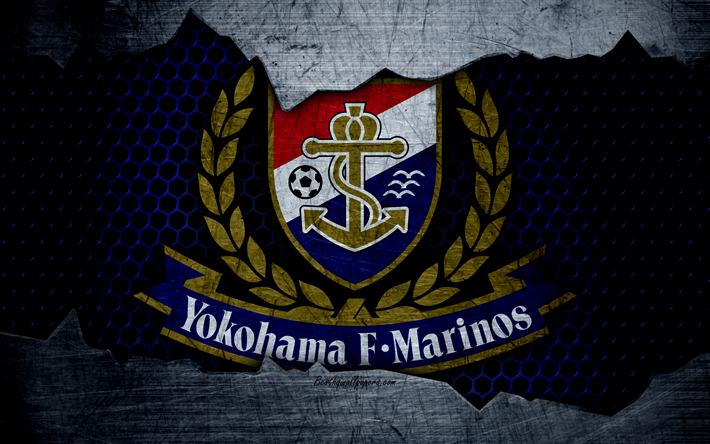 Yokohama Marinos, 4k, logo, art, J-League, soccer, football club, Yokohama F Marinos, metal texture