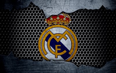 Real Madrid, 4k, La Liga, football, emblem, Real logo, Madrid, Spain, football club, metal texture, grunge