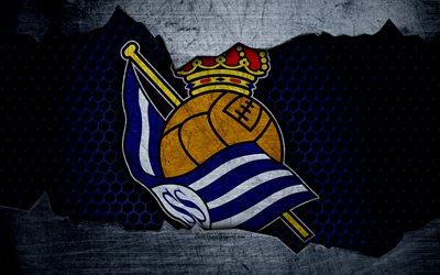 Real Sociedad, 4k, La Liga, football, emblem, logo, San Sebastian, Spain, football club, metal texture, grunge