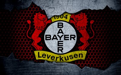 Bayer Leverkusen, 4k, logo, Bundesliga, metal texture, soccer, Bayer 04 Leverkusen, Bayer 04, football