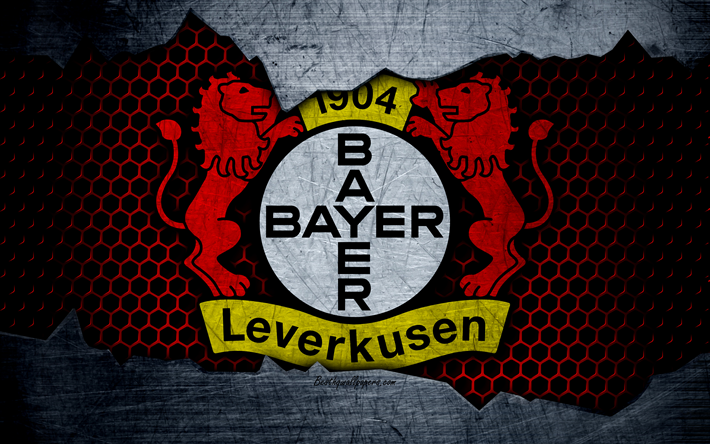 باير ليفركوزن, 4k, شعار, الدوري الالماني, الملمس المعدني, كرة القدم, باير 04 ليفركوزن, Bayer 04