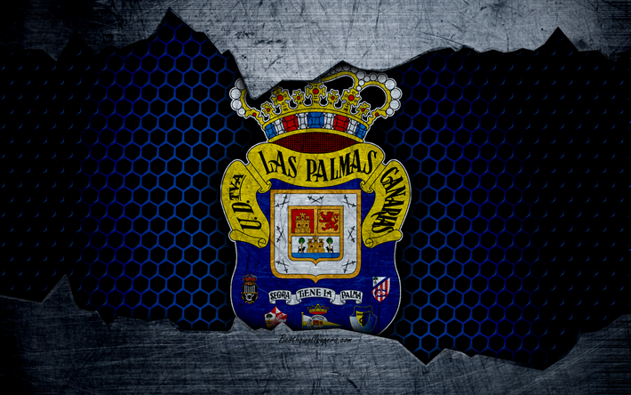 Las Palmas FC, 4k, UEFA, futbol, amblem, logo UD Las Palmas, Las Palmas de Gran Canaria, İspanya, Futbol Kul&#252;b&#252;, metal doku, grunge