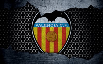 Valencia FC, 4k, La Liga, football, emblem, logo, Valencia, Spain, football club, metal texture, grunge