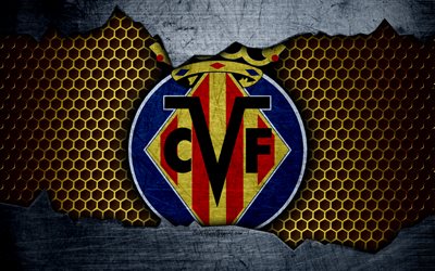 Villarreal FC, 4k, La Liga, football, emblem, logo, Villarreal, Spain, football club, metal texture, grunge