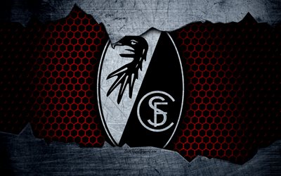 Freiburg, 4k, logo, Bundesliga, metal texture, soccer, SC Freiburg, football