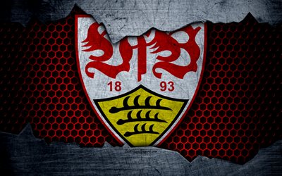 Stuttgart, 4k, logo, Bundesliga, metal texture, soccer, VfB Stuttgart, football