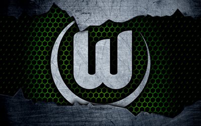 Wolfsburg, 4k, logo, Bundesliga, metal texture, soccer, VfL Wolfsburg, football