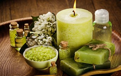 spa accessories, lilies of the valley, green candle, green spa salt, beauty salons, spa concepts, wellness