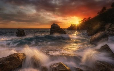 Baleares, Mar, puesta de sol, mar, ondas, noche, paisaje marino, Espa&#241;a, Costa Brava, Cala dels Frares, Lloret de Mar