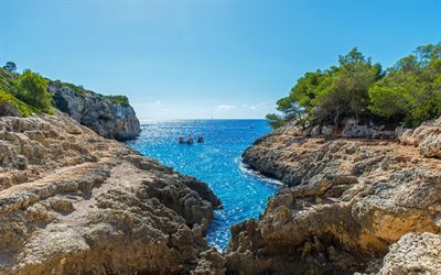 Mallorca, Mediterranean Sea, vacation, bay, beach, sailboats, sea, summer, Balearic Islands, Spain