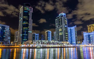 Dubai Marina, 4k, nightscapes, moderneja rakennuksia, jahdit, Dubai, UAE