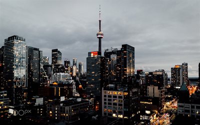 Toronto, CN Tower, metropolis, skyscrapers, evening, city lights, Canada