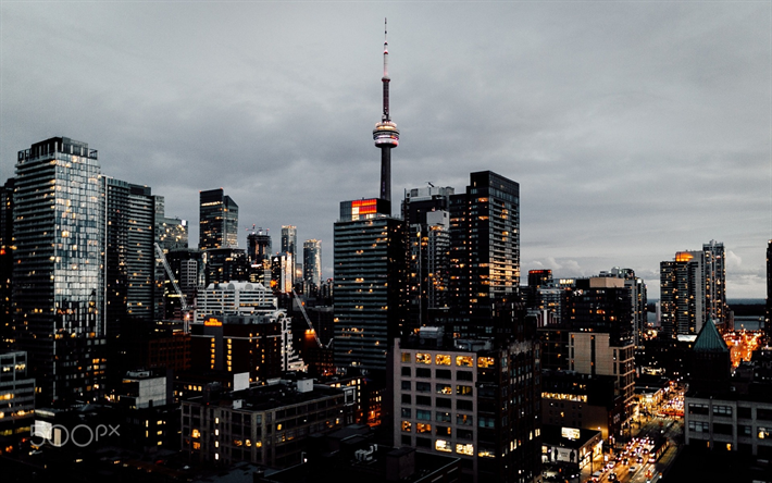 تورونتو, برج CN, حاضرة, ناطحات السحاب, مساء, أضواء المدينة, كندا
