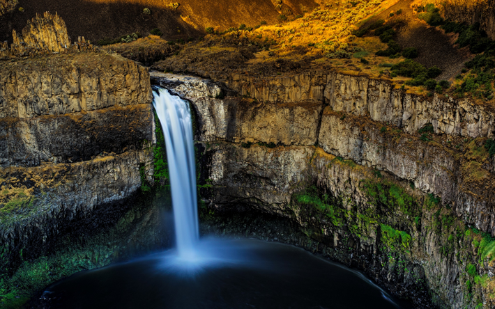 cascata, lago, roccia, canyon, montagne, tramonto, Palouse Falls, Washington, USA