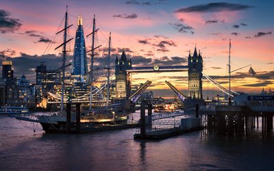 London, evening, sunset, Tower Bridge, Thames River, England, London sights, United Kingdom