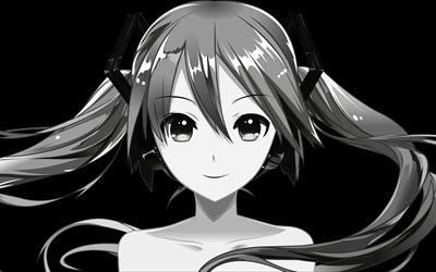 Hatsune Miku, svartvitt, konstverk, Vocaloid, minimal, Miku Hatsune, manga