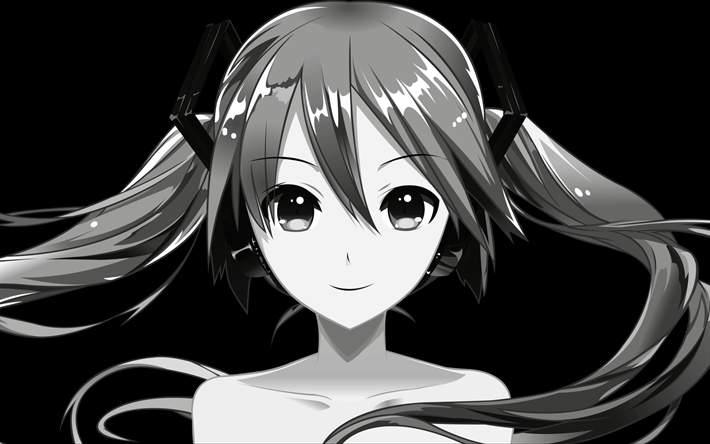 Hatsune Miku, monochrome, artwork, Vocaloid, minimal, Miku Hatsune, manga