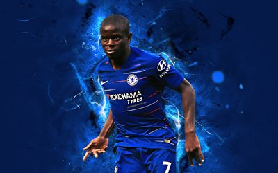 Ngolo Kante, goal, French footballers, abstract art, Chelsea FC, soccer, Kante, Premier League, football, neon lights