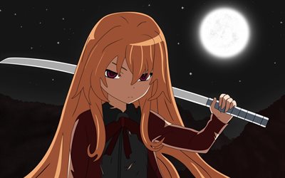 Toradora, Taiga Aisaka, Japanilainen manga, valo romaaneja, art, muotokuva, katana, Japanilainen miekka