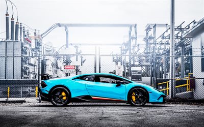 Lamborghini Huracan Perfomante, 4k, side view, 2018 cars, supercars, blue Huracan, Lamborghini