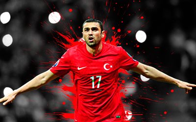 Burak Yilmaz, 4k, Turkin jalkapallomaajoukkue, art, eteenp&#228;in, punainen roiskuu maali, grunge art, Turkin jalkapalloilija, creative art, Turkki, jalkapallo