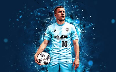Lukas Podolski, bl&#229; uniform, tyska fotbollsspelare, Vissel Kobe FC, fotboll, Podolski, J1 League, fotbollsspelare, neon lights, J-League