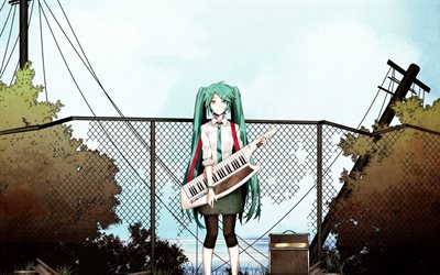 Vocaloid, Hatsune Miku, menina com uma guitarra, arte, mang&#225; japon&#234;s