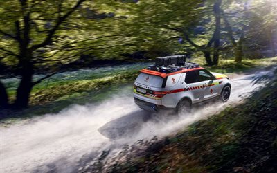 2018, Land Rover Discovery, de la Cruz Roja de Respuesta de Emergencia, 4k, vista posterior, socorristas, en especial de los coches Land Rover