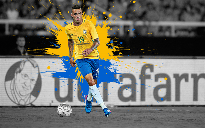 Luan, 4k, Brazil national football team, midfielder, art, splashes of paint, grunge art, Brazilian footballer, creative art, Brazil, football, Luan Vieira