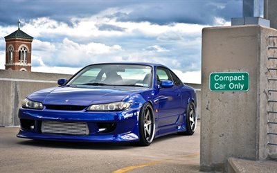 Nissan Silvia, S15, blue sports coupe, tuning S15, blue Silvia, parking, Japan, Nissan