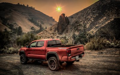 Toyota Tacoma, 2019, rear view, red pickup truck, sunset, evening, SUV, new red Tacoma, USA, Japanese cars, Toyota