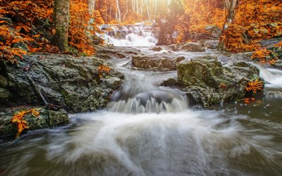 autumn landscape, waterfall, mountain river, yellow leaves, autumn, mountains