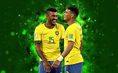 Thiago Silva, Paulinho, Brazil National Team, football, soccer, Silva, neon lights, Brazilian football team