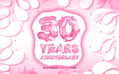 30周年記念, 4k, 3D花びらのフレーム, 周年記念の概念, 紫色の背景, 3D文字, 30周年記念サイン, 作品