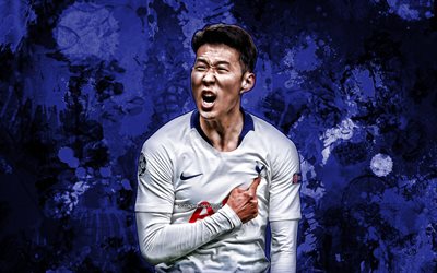 Son Heung-min, blue paint splashes, Tottenham Hotspur FC, South Korean footballers, forward, soccer, Heung-min Son, Premier League, grunge art, Tottenham FC
