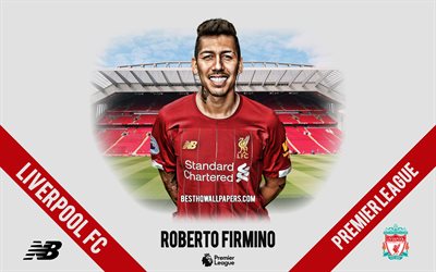 Roberto Firmino, Liverpool FC, portrait, Brazilian footballer, attacking midfielder, 2020 Liverpool uniform, Premier League, England, Liverpool FC footballers 2020, football, Anfield