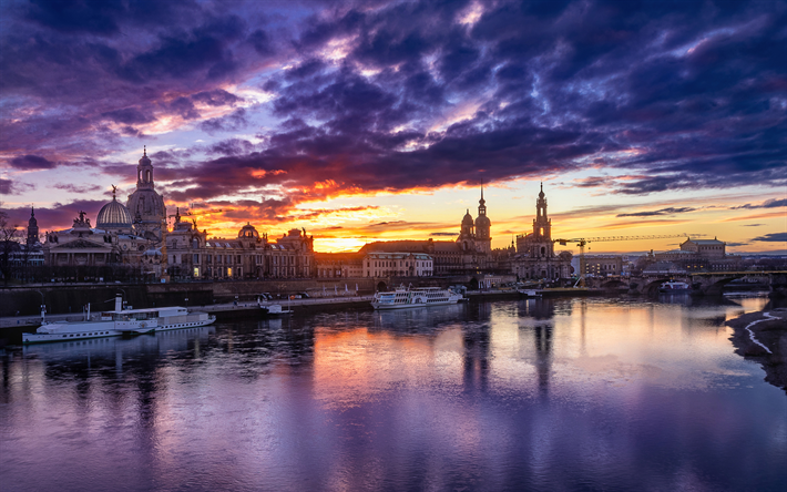 Dresde, 4k, coucher de soleil, paysages urbains, les villes allemandes, en Allemagne, &#224; Dresde ligne d&#39;horizon, les Villes de Allemagne