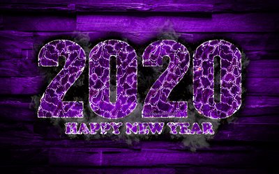 2020 violet fiery digits, 4k, Happy New Year 2020, violet wooden background, 2020 fire art, 2020 concepts, 2020 year digits, 2020 on violet background, New Year 2020