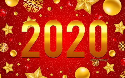 Happy New Year 2020, 2020 Red background, 2020 concepts, Red Christmas background, 2020 New Year, Red background with golden christmas balls