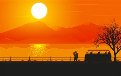 love couple, abstract summer landscape, sunset, abstract nature backgrounds, summer, love concepts