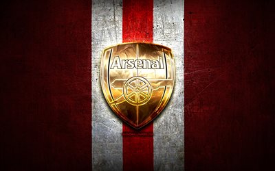 Arsenal FC, golden logo, Premier League, red metal background, football, FC Arsenal, english football club, Arsenal FC logo, soccer, The Gunners, England