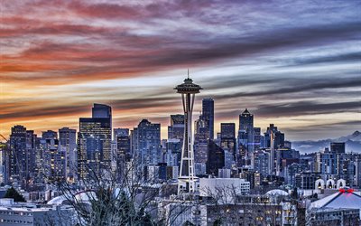 Seattle, Space Needle, akşam, G&#252;n batımı, g&#246;kdelenler, Seattle şehir, Amerikan city, Washington, ABD