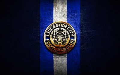 Leicester City FC, golden logo, Premier League, blue metal background, football, Leicester City, english football club, Leicester City logo, soccer, England